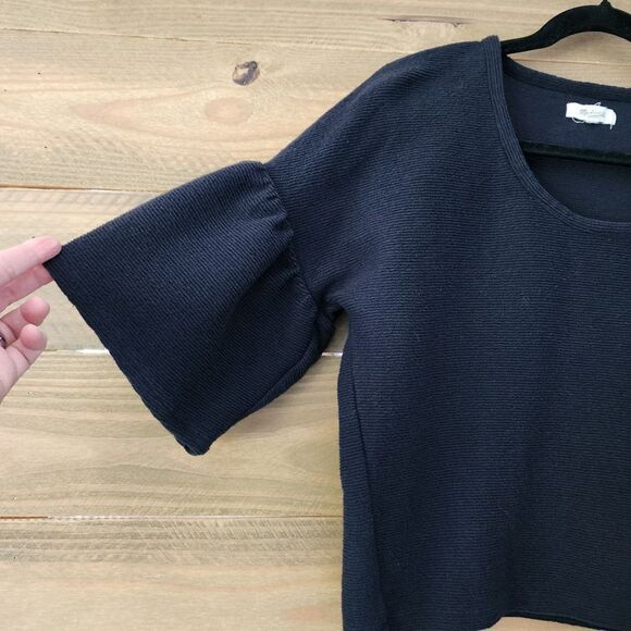 Madewell Black Texture and Thread Gathered Sleeve Crop Top womens size‎ S - Picture 2 of 6